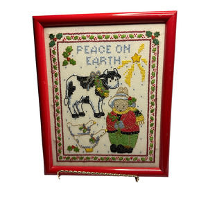 5 Vintage Framed Christmas Cross Stitch and 1 Needlepoint Panel.